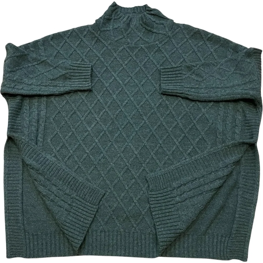 Turtleneck Cable-Knit Poncho Sweater - Green - Picture 2 of 5